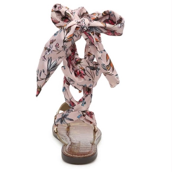 Sam Edelman Giliana Sandals - cream with Pink Floral wrap around silk satin tie - Picture 5 of 9